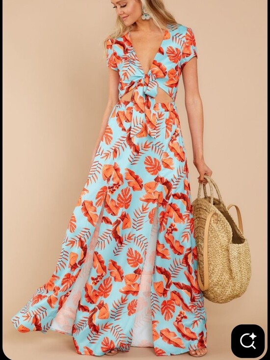 Blithe Dresses & Skirts - Blithe Blue Orange Leaf Print High Slit Maxi Dress Attached Shorts Romper Sz M